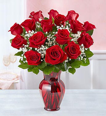 Product Image - Blooming Love™ Red Roses in Red Vase